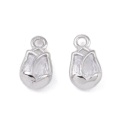 Real Platinum Plated Brass with Glass Pendants, Flower Charm, Real Platinum Plated, 10x5x3mm, Hole: 1mm