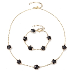 Черный Наборы ожерелий и браслетов со стеклянными звеньями из сливового цветка, латунные цепочки для женщин ювелирные наборы, чёрные, 7-1/8 дюйм (18 см)