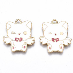Белый Подвески из экологически чистого сплава с эмалью, без кадмия и без свинца и без никеля, Кошка с крылом, золотой свет, белые, 26.5x23x1 мм, отверстие : 2 мм