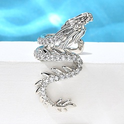 Платина Серьги-каффы из латуни с прозрачным кубическим цирконием, дракон, платина, 32x13.5x16.5 мм