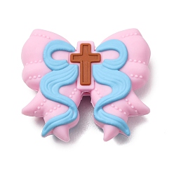 Pink Silicone Beads, Focal Beads Bowknot with Cross, Pink, 26x30x9mm, Hole: 2mm