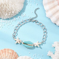 Серебро Алюминиевые витые панцирные цепи браслеты-звенья, Браслеты из ракушек каури, синтетической бирюзы и гематита для женщин, звезда и раковина, серебряные, 7-1/2 дюйм (19 см)