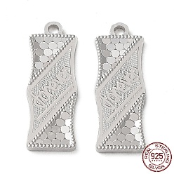 Real Platinum Plated Rhodium Plated 925 Sterling Silver Pendants, Bamboo Stick with Polka Dot & Word Forever Charm, Textured, Real Platinum Plated, 21x7x1.2mm, Hole: 1.6mm