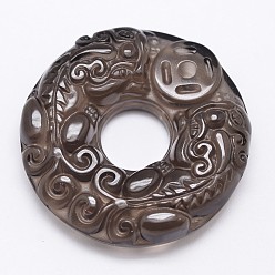 Черный Фэн-шуй натуральный ледяной кристалл обсидиан резные подвески, Пончик с pixiu, чёрные, 37x9 мм, отверстие : 2 мм