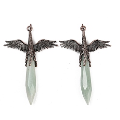 Зеленый Авантюрин Крупные подвески из натурального зеленого авантюрина с огранкой в форме заостренного стержня, напоминающего пулю., подвески в виде ангельских крыльев из сплава, Красная медь, 73~74x52~52.5x11 мм, отверстие : 4 мм