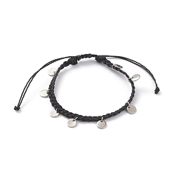Schwarz Gewachste Polyesterschnur geflochtene Perlenarmbänder, mit flachen runden 304 Edelstahl-Stempel-Blanko-Etiketten, Schwarz, Innendurchmesser: 2-1/4~3-7/8 Zoll (5.8~9.8 cm)