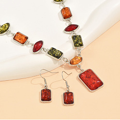 Платина Прямоугольные ожерелья с подвесками из сплава и смолы «конский глаз» и комплекты серег-подвесок, платина, 400 мм