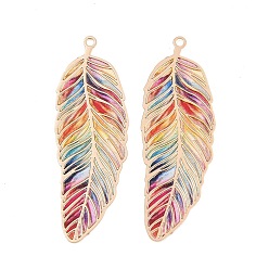Colorful Spray Painted Brass Pendants, Feather Shape Charms, Light Gold, Colorful, 38x12~13x0.5mm, Hole: 1.2mm