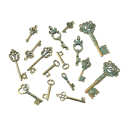 Золотой и Зелено-патиновый Подвески из сплава , Брелоки для ключей, золотисто-зеленая патина, 32~70x13.5~31x2~4 мм, отверстие : 2.5~7.5 мм