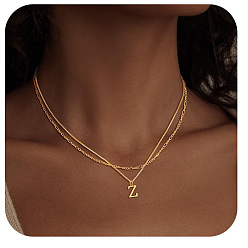 Letter Z Сплав начальный кулон двухслойные ожерелья для женщин мужчин, золотые, Письмо Z, 17.72 дюйм (45 см)