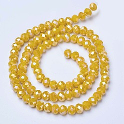 Yellow Electroplate Glass Beads Strands, Opaque Solid Color, AB Color Plated, Faceted, Rondelle, Yellow, 2.5x2mm, Hole: 0.4mm, about 150~170pcs/strand, 11 inch(27.5cm)