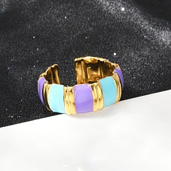 Сине-фиолетовый 304 регулируемые манжетные кольца из нержавеющей стали, с эмалью, реальный 18 k позолоченный, синий фиолетовый, 8 мм, внутренний диаметр: регулируемый