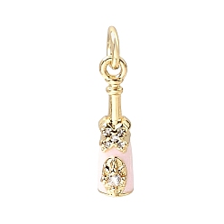 Pink Brass Micro Pave Clear Cubic Zirconia Pendants, with Enamel, Wine Bottle Charms, Rack Plating, Long-Lasting Plated, Cadmium Free & Lead Free, Real 18K Gold Plated, Pink, 17x4x6.5mm, Hole: 3.5mm