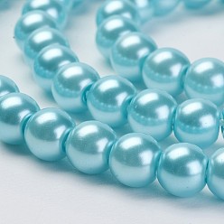 Sky Blue Eco-Friendly Dyed Glass Pearl Beads Strands, Grade A, Round, Cotton Cord Threaded, Sky Blue, 6mm, Hole: 1.2~1.5mm, about 70pcs/strand, 15.7 inch