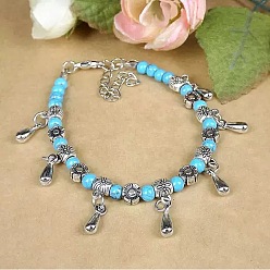 Turquoise Bohemian Teardrop Alloy Charm Bracelets, Flower & Bee Alloy Tibetan & Synthetic Turquoise Beaded Bracelets for Women, Turquoise, 6.89 inch(17.5cm)