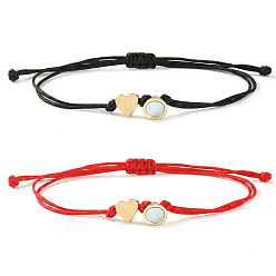Color mezclado Conjunto de pulseras ajustables de metal con forma de corazón, cordón de nailon trenzado y cuentas, para parejas, con cierres magnéticos., dorado, color mezclado, 11.02 pulgada (28 cm), 2 PC / sistema