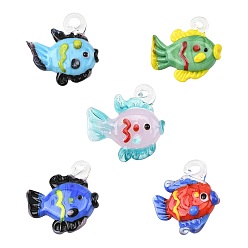 Color mezclado 5 piezas 5 colores colgantes de murano hechos a mano, Amuletos de peces tropicales, color mezclado, 30~33x29~31x10~12 mm, agujero: 3~4 mm, 1 pc / color
