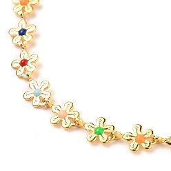 Real 18K Gold Plated Brass Enamel Flower Link Chain Bracelets, with 304 Stainless Steel Lobster Claw Clasps, Colorful, Real 18K Gold Plated, 7-1/2 inch(19cm)