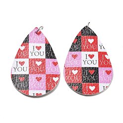 Teardrop Большие кожаные подвески, с железным кольцом, коллекция ко дню святого валентина, слеза, 56x37x2 мм, отверстие : 5.5 мм