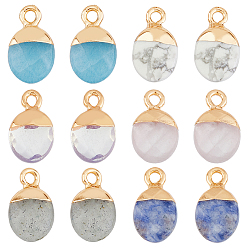 Смешанные камни 12 шт. 6 стили гальванизированные натуральные и синтетические смешанные драгоценные камни ограненные овальные подвески, с позолоченными железными петлями, смешанные окрашенные и неокрашенные, 14~15x8x5~5.5 мм, отверстие : 1.8 мм, 2 шт / стиль