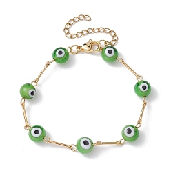 Lime Green Lampwork Evil Eye Link Chain Bracelets, with Golden Brass Bar Link Chains, Lime Green, 7 inch(17.8cm)