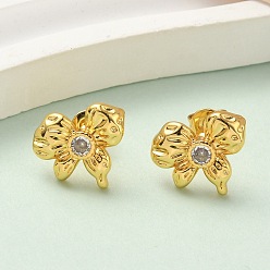 Золотой Серьги-гвоздики с бантом из латуни с микропаве из прозрачных кубических цирконий, стойки покрытие, долговечный, без кадмия и без свинца, золотые, 12.5x13.5 мм