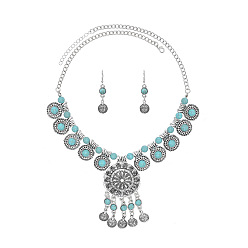 Античное Серебро Комплекты ожерелий и серег с подвесками из искусственной бирюзы в виде монеты, сплав ювелирных изделий, античное серебро, 540 мм