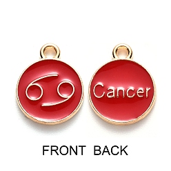 Cancer Alloy Enamel Pendants, Flat Round with Constellation, Light Gold, Red, Cancer, 15x12x2mm, Hole: 1.5mm, 100pcs/Box