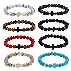 Смешанные камни 8 шт. 8 стили круглых и крестообразных браслетов из бисера для мужчин и женщин, со сплавочной фурнитурой, внутренний диаметр: 2-1/8 дюйм (5.3 см), 1 шт / стиль