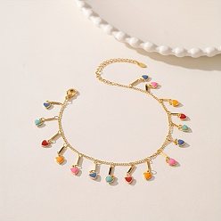 Colorful Summer Beach Brass Enamel Heart Tassel Anklets for Vacation and Casual Wear, Golden, Colorful, 8-1/4 inch(210mm)