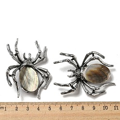 Gray Dual-use Items Alloy Pave Dyed Shell Spider Brooch, with Jet Rhinestone, Antique Silver, Gray, 57.5~58x41.5~42x12.5mm, Hole: 4x3mm