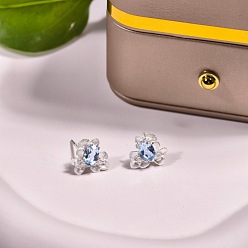 Светло-Голубой 925 стерлингового серебра кубического циркония серьги стержня, с кварцевым, цветок, серебряные, Небесно-голубой, 11x9 мм