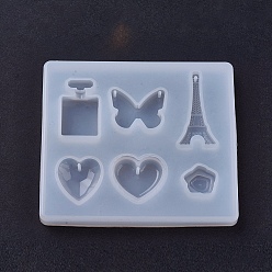 White Pendant Silicone Molds, Resin Casting Molds, For UV Resin, Epoxy Resin Jewelry Making, Heart & Flower & Butterfly & Tower & Bottle, White, 78x88x8mm, hole: 1.5mm, Inner Size: 13~32mm