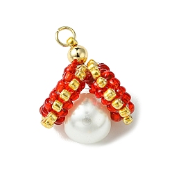 Красный Бусины из ракушек и жемчуга стеклянные подвески, с бисером и золотыми 304 кольцами из нержавеющей стали, формы раковины, красные, 19~21x14~16x12~13 мм, отверстие : 2.5 мм