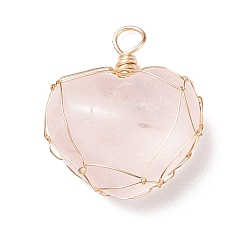 Rose Quartz Natural Rose Quartz Pendants, with Real 18K Gold Plated Copper Wire Wrapped, Heart, 27.5x23.5x11mm, Hole: 3.8mm