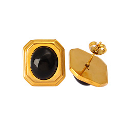 Золотой Прямоугольник 304 серьги шпилька нержавеющая сталь, с натуральным черным камнем, золотые, 30x16 мм