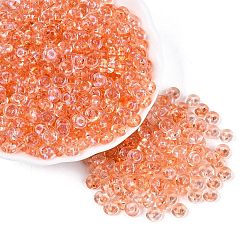 Corail Perles de rocaille en verre de couleurs transparentes, rondelle, cuisson des peintures, corail, 6x3mm, Trou: 1.2~1.6mm, environ 2500 pcs / livre