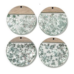 Темный Морско-зеленый Деревянные подвески, смола и золотая фольга, плоско-круглые, темно-зеленый, 38.5x4 мм, отверстие : 2 мм