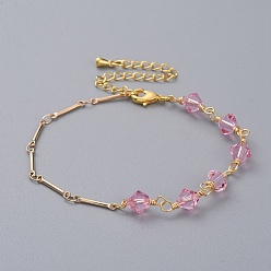 Hot Pink Bicone Austrian Crystal Beaded Bracelets, with Real 18K Gold Plated Brass Bar Link Chains, Brass Chain Extender and Lobster Claw Clasps, Hot Pink, 7-1/4 inch(18.5cm)