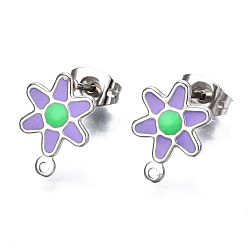 Medium Orchid 304 Stainless Steel Enamel Stud Earring Findings, with Loop and Ear Nuts/Earring Backs, Flower, Medium Orchid, 12.5x9mm, Hole: 1mm, Pin: 0.8mm