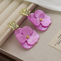 Фиолетовый Серьги-гвоздики из цинкового сплава с акриловыми вставками в форме цветка, с 925 штырями стерлингового серебра, золотые, фиолетовые, 60x40 мм