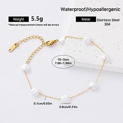 Flat Round 304 Stainless Steel Imitation Pearl Beaded Chain Bracelets for Women, Golden, White, Flat Round, 7.09 inch(18cm)