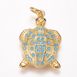 Светло-Голубой Латунные микро проложить кубического циркония подвески, черепаха, золотые, Небесно-голубой, 21x14x4 мм, отверстие : 3 мм