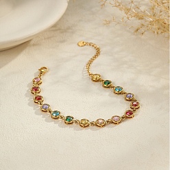 Плоский Круглый 304 Теннисные браслеты из нержавеющей стали с разноцветными кубическими циркониями для женщин, золотые, плоско-круглые, 6.97 дюйм (17.7 см)