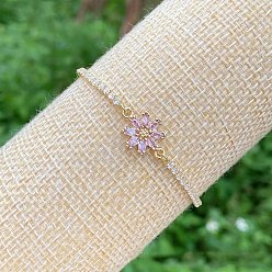 Сливовый Латунь микро проложить кубический цирконий слайдер браслеты, браслеты для женщин, цветок, слива, 6-1/2~9-5/8 дюйм (16.5~24.5 см)