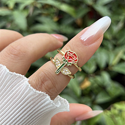 Red Brass Micro Pave Cubic Zirconia Cuff Open Rings for Women, with Enamel, Flower, Real 18K Gold Plated, Red, US Size 4 1/4(15mm)~20mm