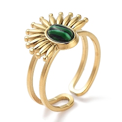 Малахит Ионное покрытие (ip) 304 кольцо из нержавеющей стали, регулируемые кольца из синтетического малахита, цветок, 15.5x12.5 мм, внутренний диаметр: регулируемый