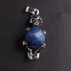 Lapis Lazuli Natural Lapis Lazuli Sphere Ball Pendants, Halloween Skeleton Metal Charms, Platinum, 16mm