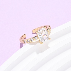 Настоящее золото 18K Прямоугольные латунные кольца-манжеты с микропаве из кубического циркония для женщин, долговечный, стойки покрытие, реальный 18 k позолоченный, 9x7.5 мм, внутренний диаметр: регулируемый