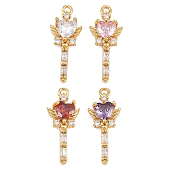Mixed Color Brass Micro Pave Cubic Zirconia Pendants, Magic Wand with Heart & Wing Charms, Real 18K Gold Plated, Mixed Color, 21x8.5x3.5mm, Hole: 1.4mm